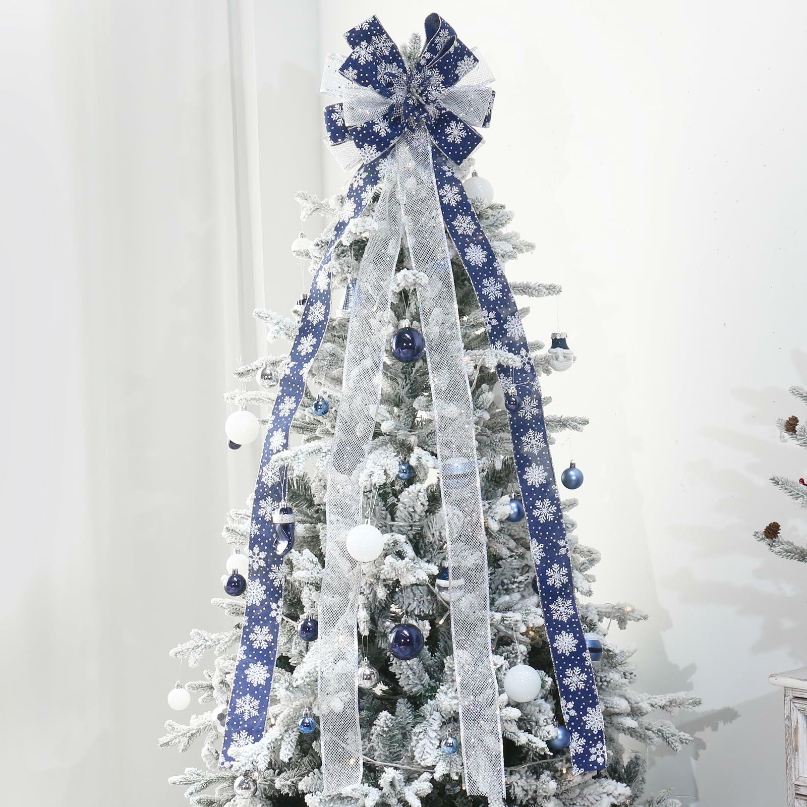 YINGQIWISH Christmas Tree Topper Large Bow Deep Blue White Indoor Outdoor