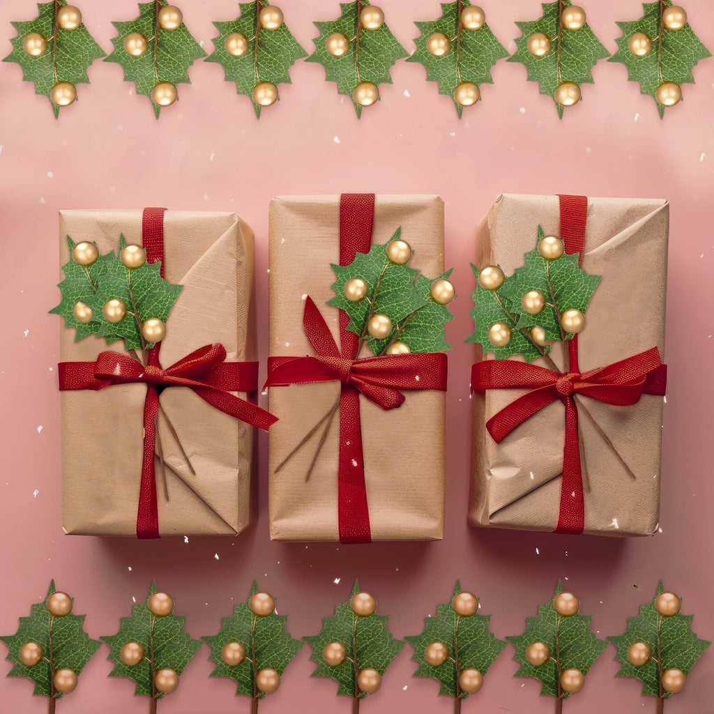 Thiccywoov 30 Pack Artificial Holly Berry Picks Gold Christmas Decoration
