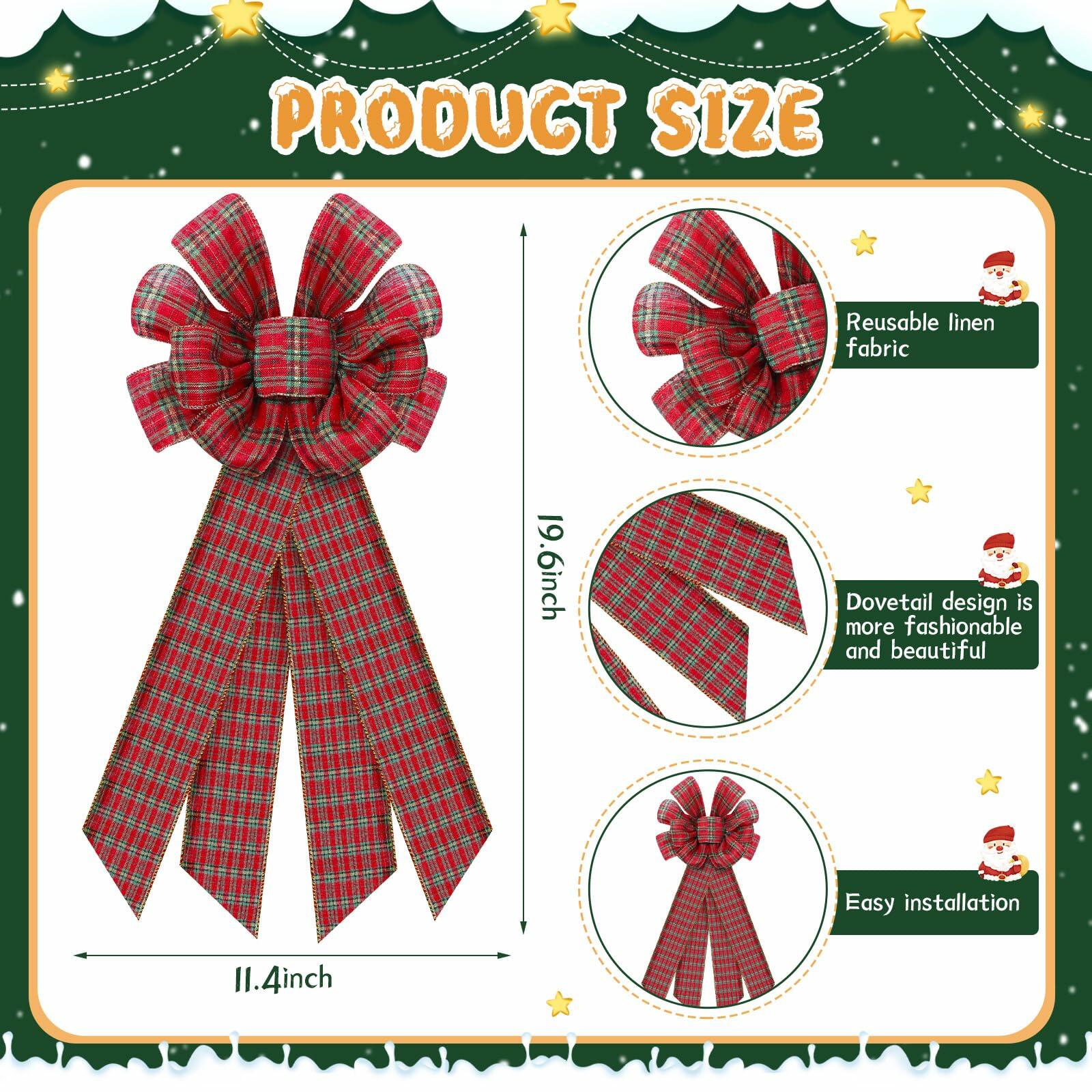 Yinkin 4 Pcs 15x44in Buffalo Plaid Christmas Wreath Bows Red Black