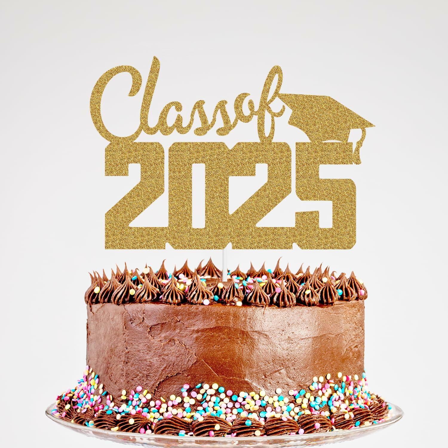 Class of 2025 Cake Topper Graduation Party Supplies Gold Glitter