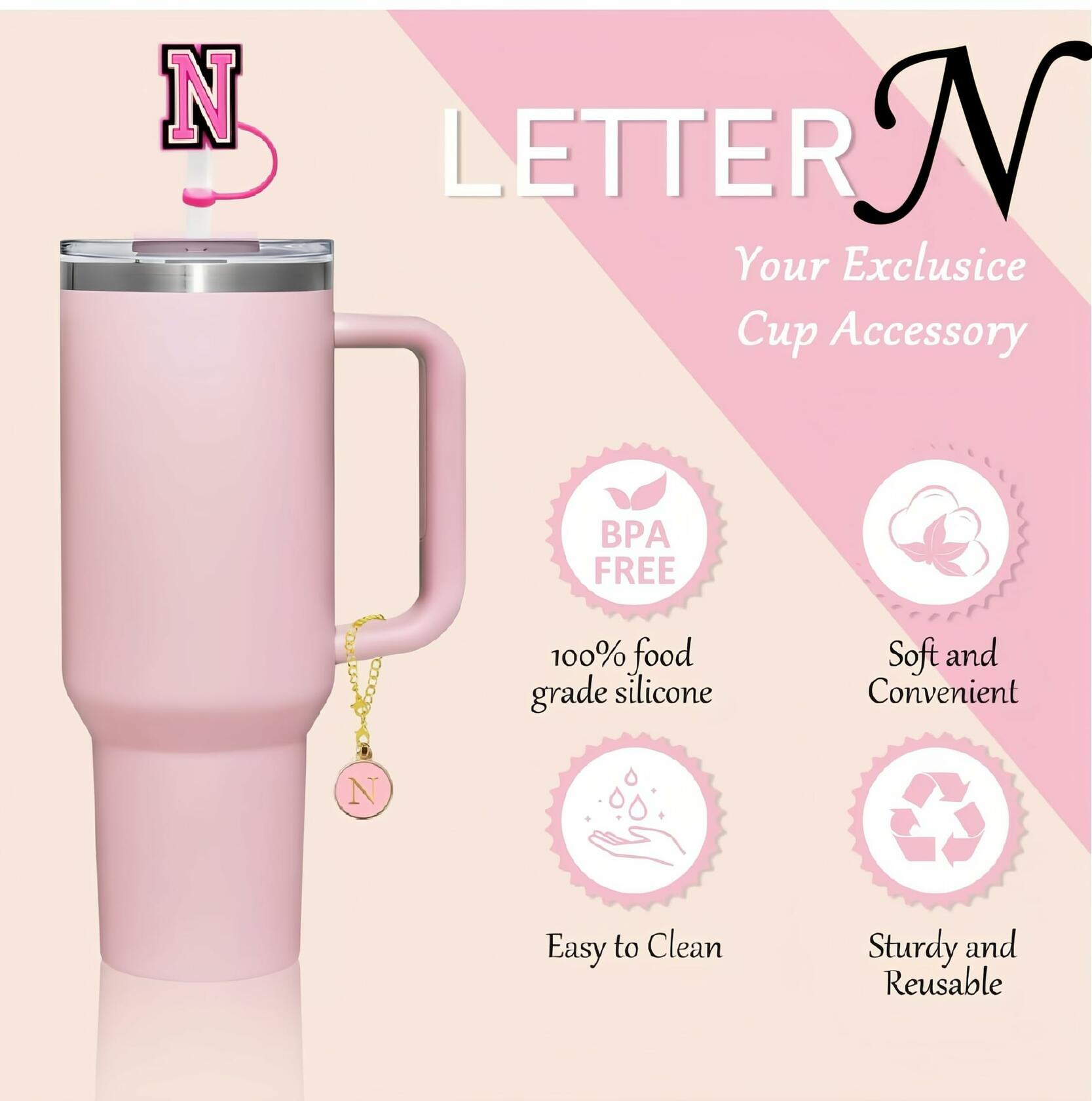 IN CHENTHY Straw Topper 2pcs Letter N Covers + Charm Chain + Alphabet Stickers