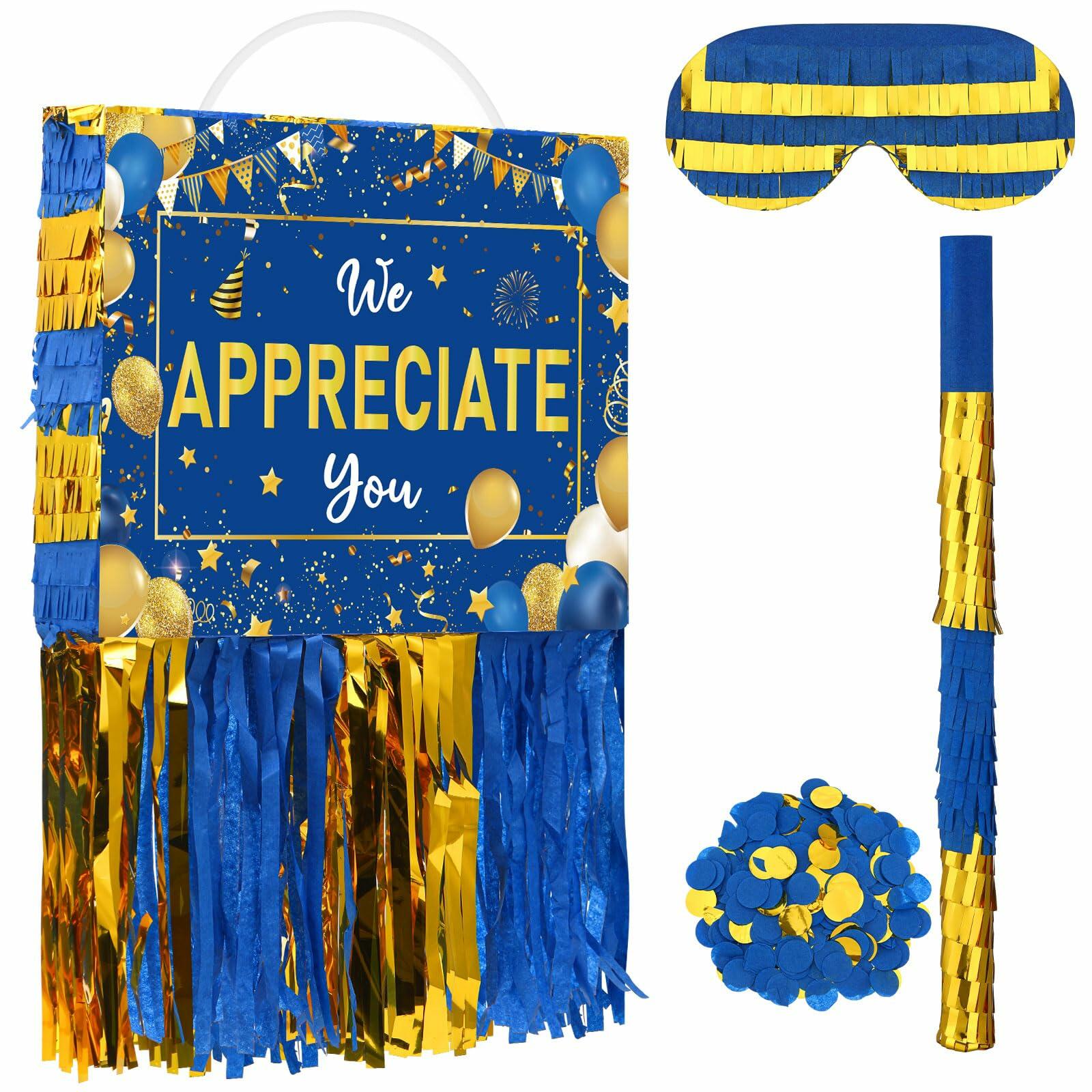 [Like New] Poen We Appreciate You Piñata with Stick Blindfold Blue Gold Confetti 16x12 Inch