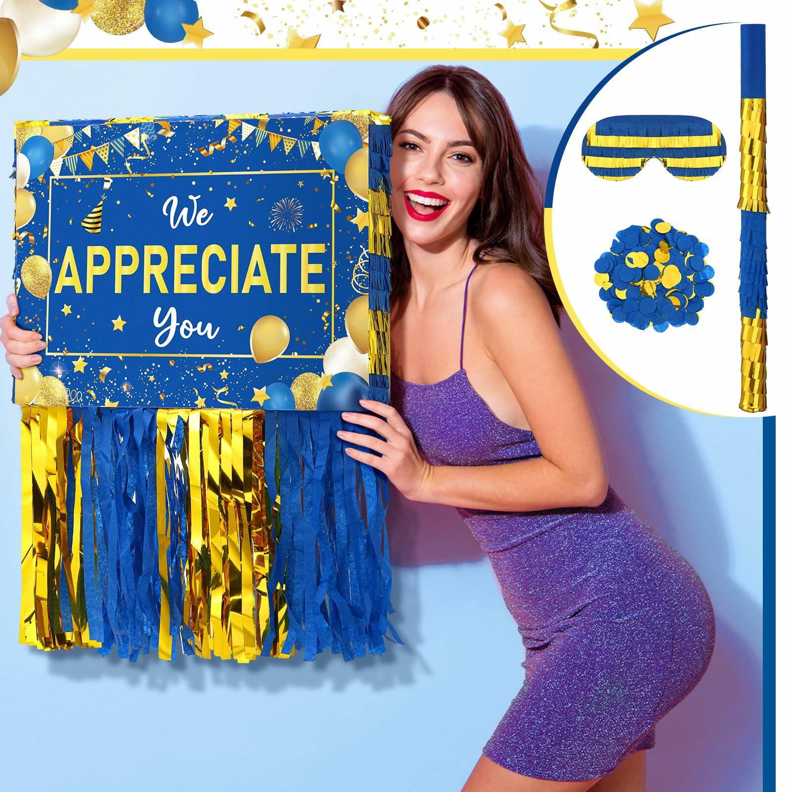[Like New] Poen We Appreciate You Piñata with Stick Blindfold Blue Gold Confetti 16x12 Inch