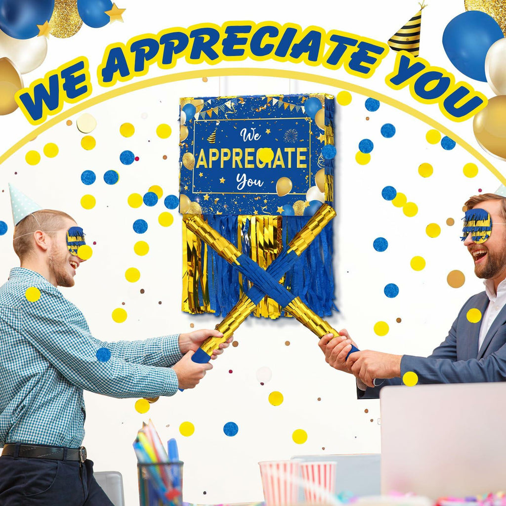 [Like New] Poen We Appreciate You Piñata with Stick Blindfold Blue Gold Confetti 16x12 Inch
