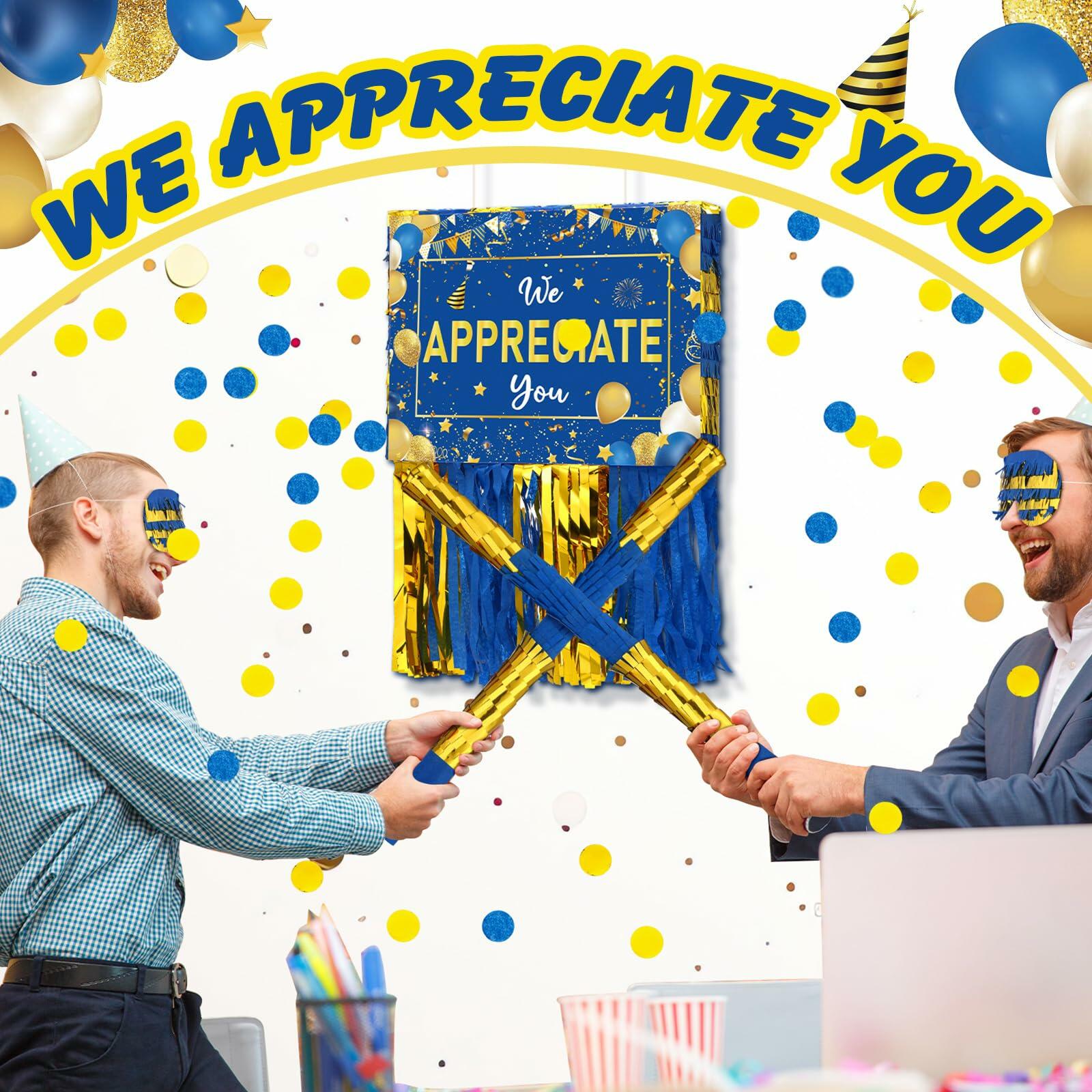 [Like New] Poen We Appreciate You Piñata with Stick Blindfold Blue Gold Confetti 16x12 Inch