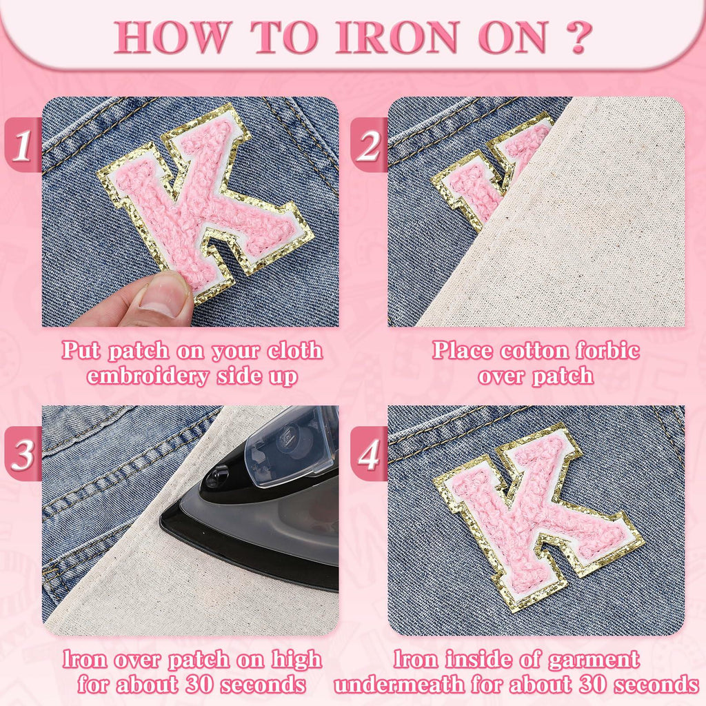 3Pcs Chenille Letter Patches Iron-On Pink 2 Inch Glitter Alphabet K