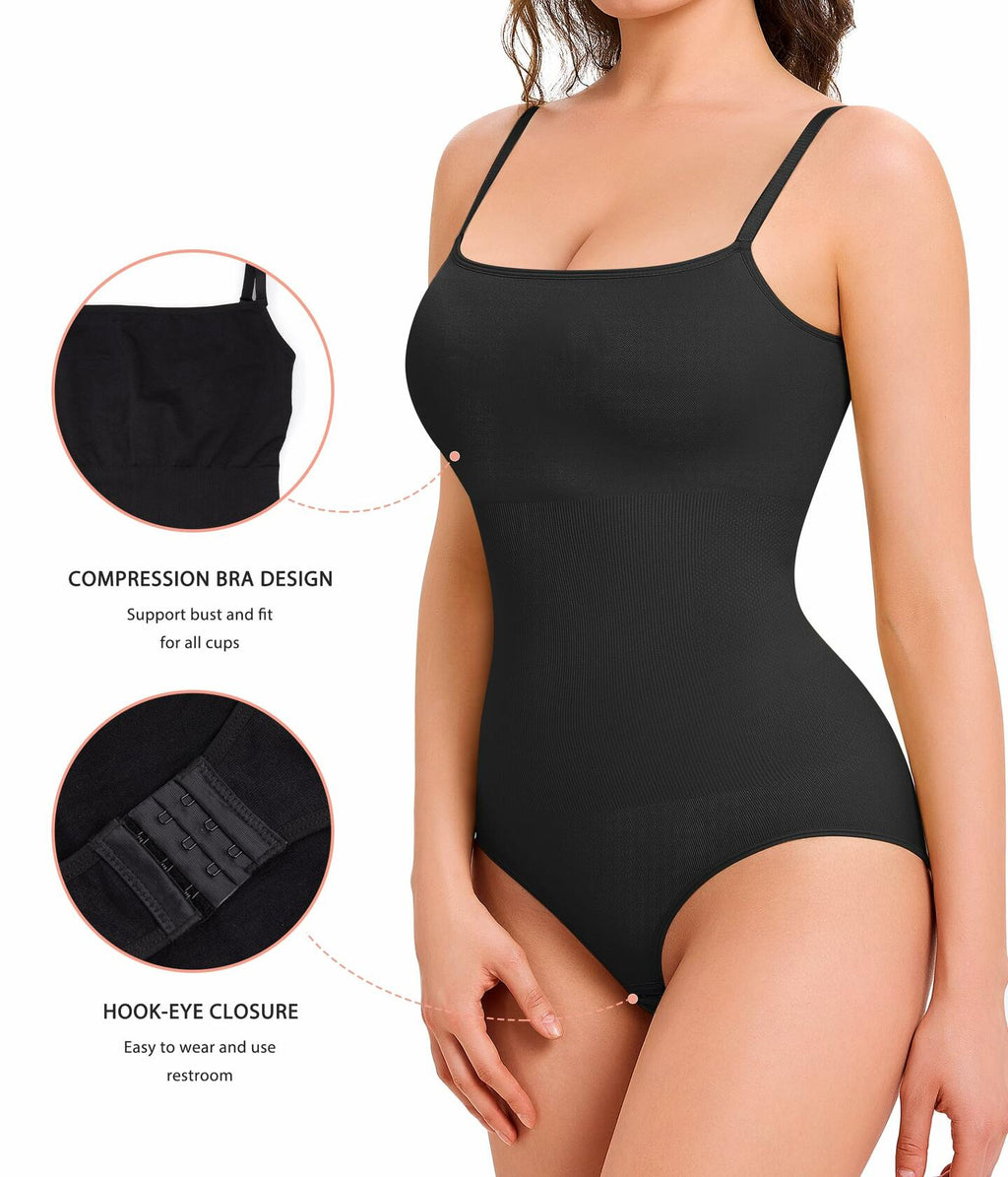ZOPEUSI Thong Shapewear Bodysuit Tummy Control Seamless Square Neck Size L Black