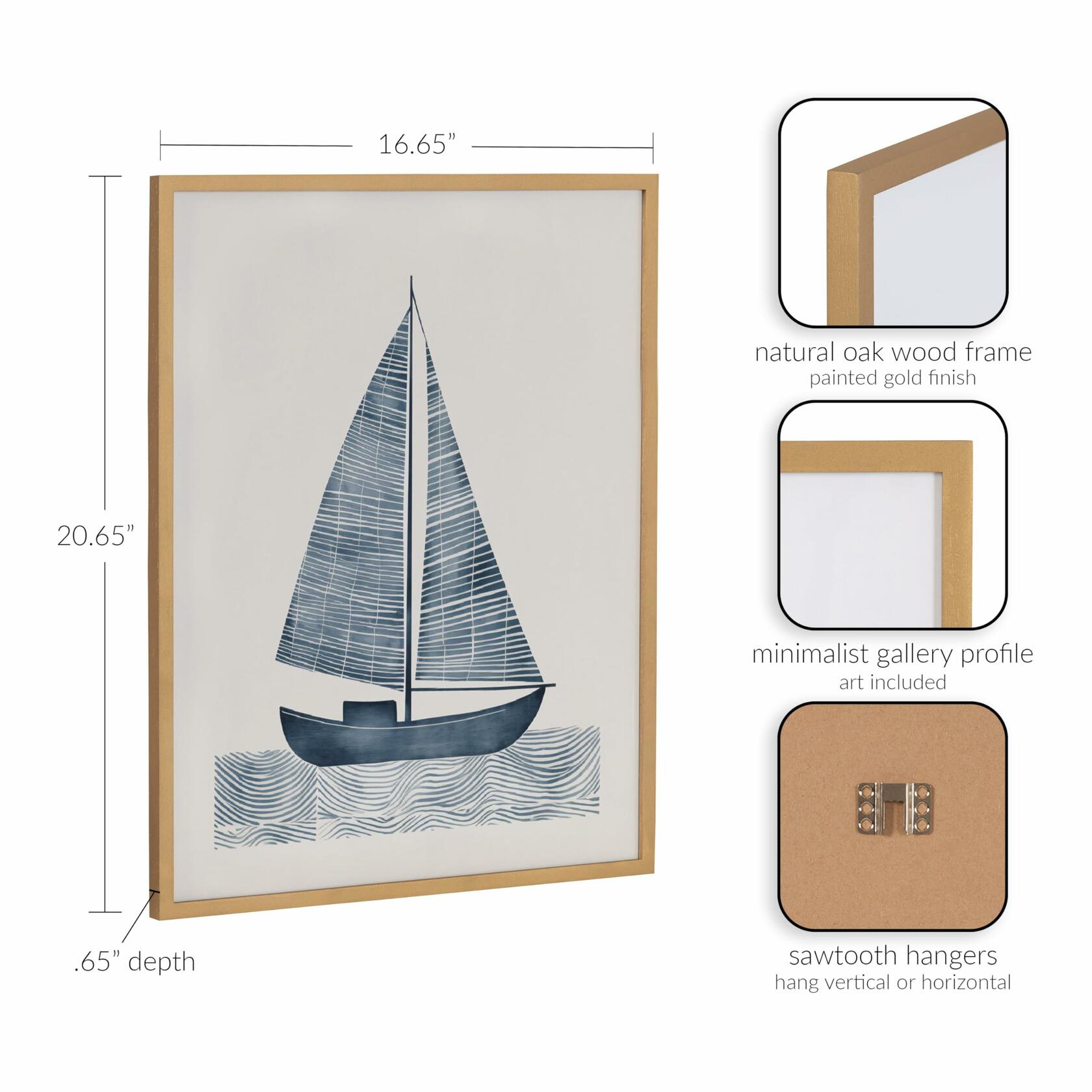 [Like New] Kate and Laurel Nautical Blue Sailboat Wall Art 16x20 Gold Wood