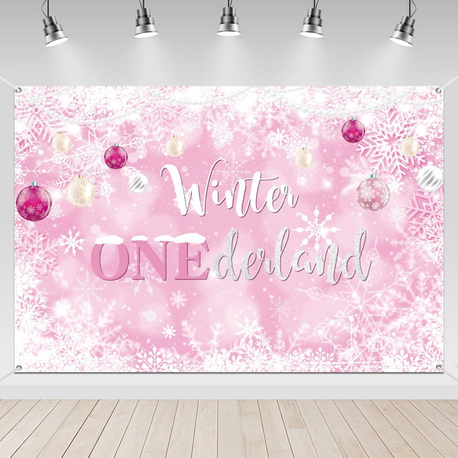 Winter Onederland First Birthday Banner Snowflake Backdrop 70.9x43.3 Pink