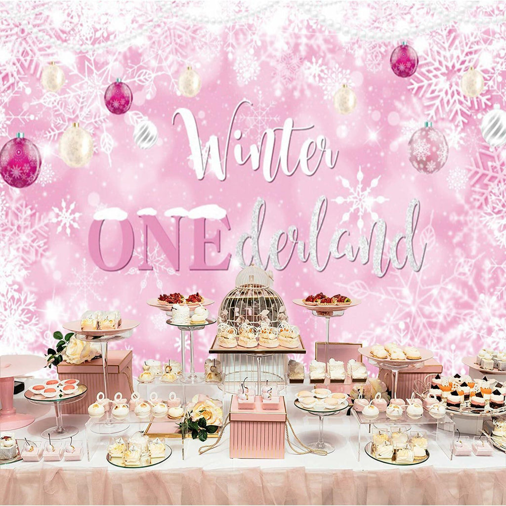 Winter Onederland First Birthday Banner Snowflake Backdrop 70.9x43.3 Pink