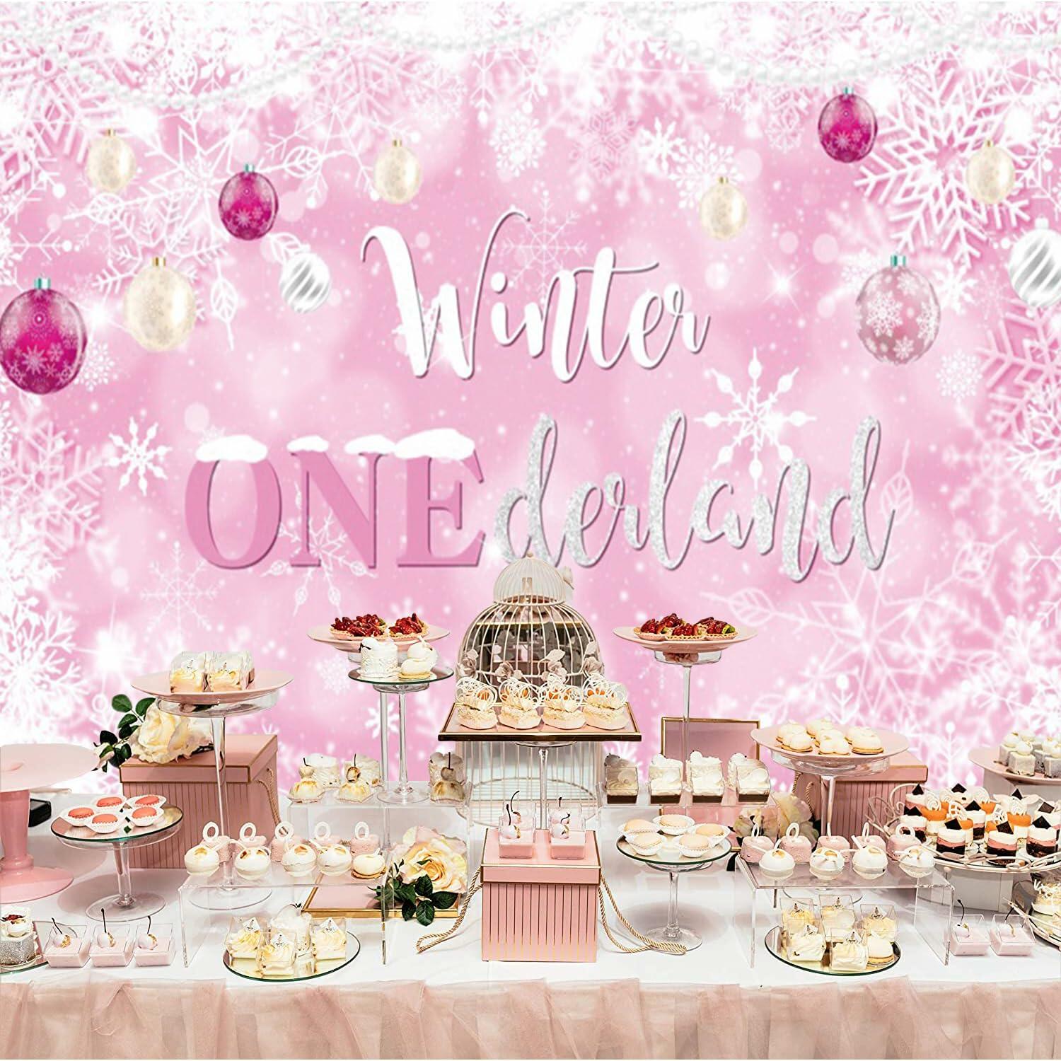 Winter Onederland First Birthday Banner Snowflake Backdrop 70.9x43.3 Pink