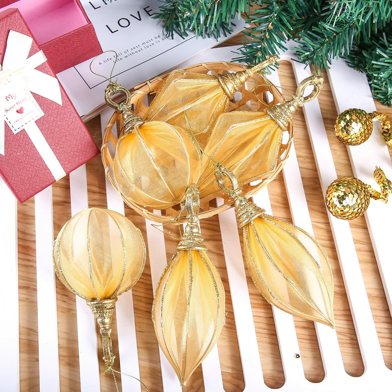 Gold Rugby Christmas Ornaments 6pc Set Round Balls Diamond Pendants