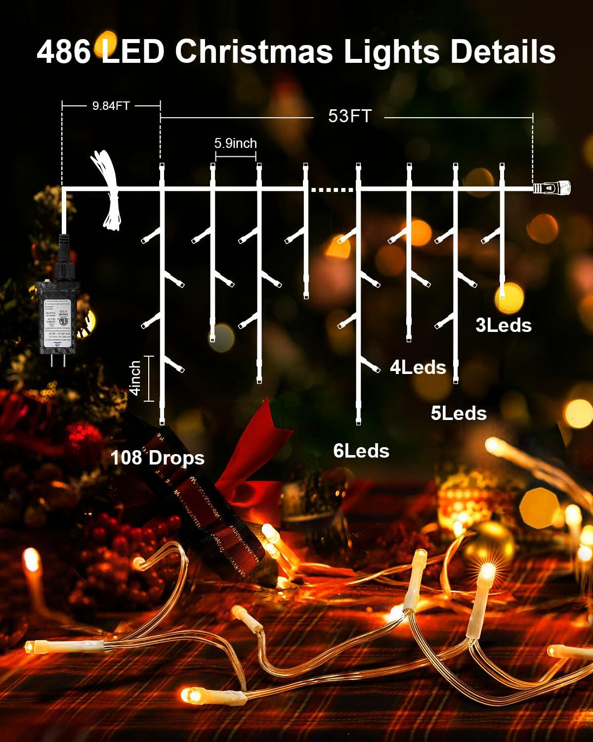 [Like New] JIXXULVU 2 Pack 53FT 486 LED Outdoor Waterproof Timer 8 Modes Warm White
