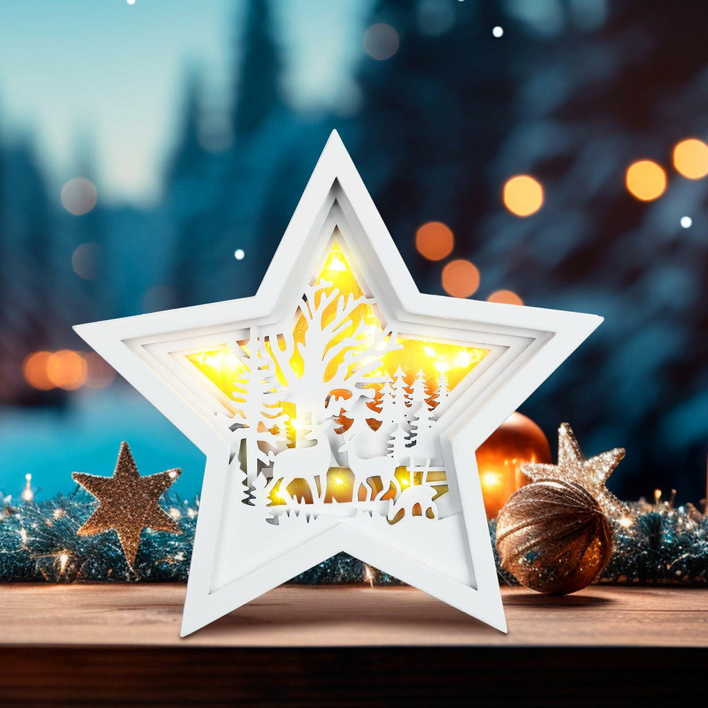 Rustic Wooden Christmas Reindeer Tree Topper Lighted Star 11x11 Inch