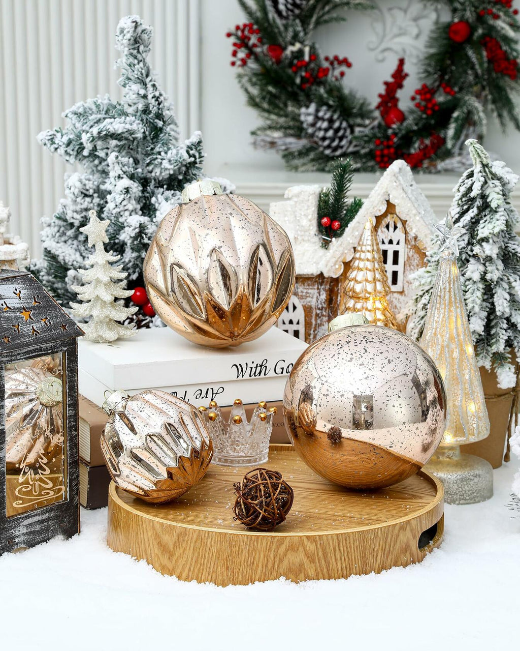 Jumbo Mercury Rose Gold Christmas Ornaments 6" Shatterproof Set of 2