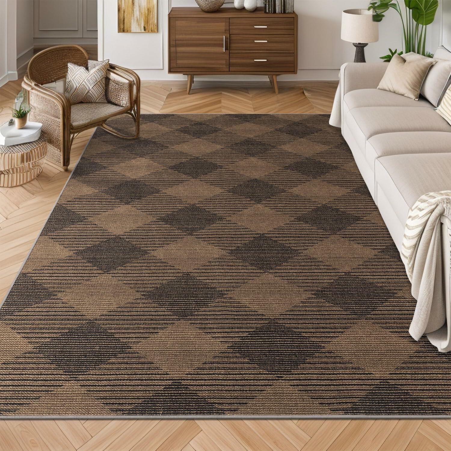 YIHOUSE Checkered Jute Rug 8x10 Brown Black Non Slip Indoor Outdoor