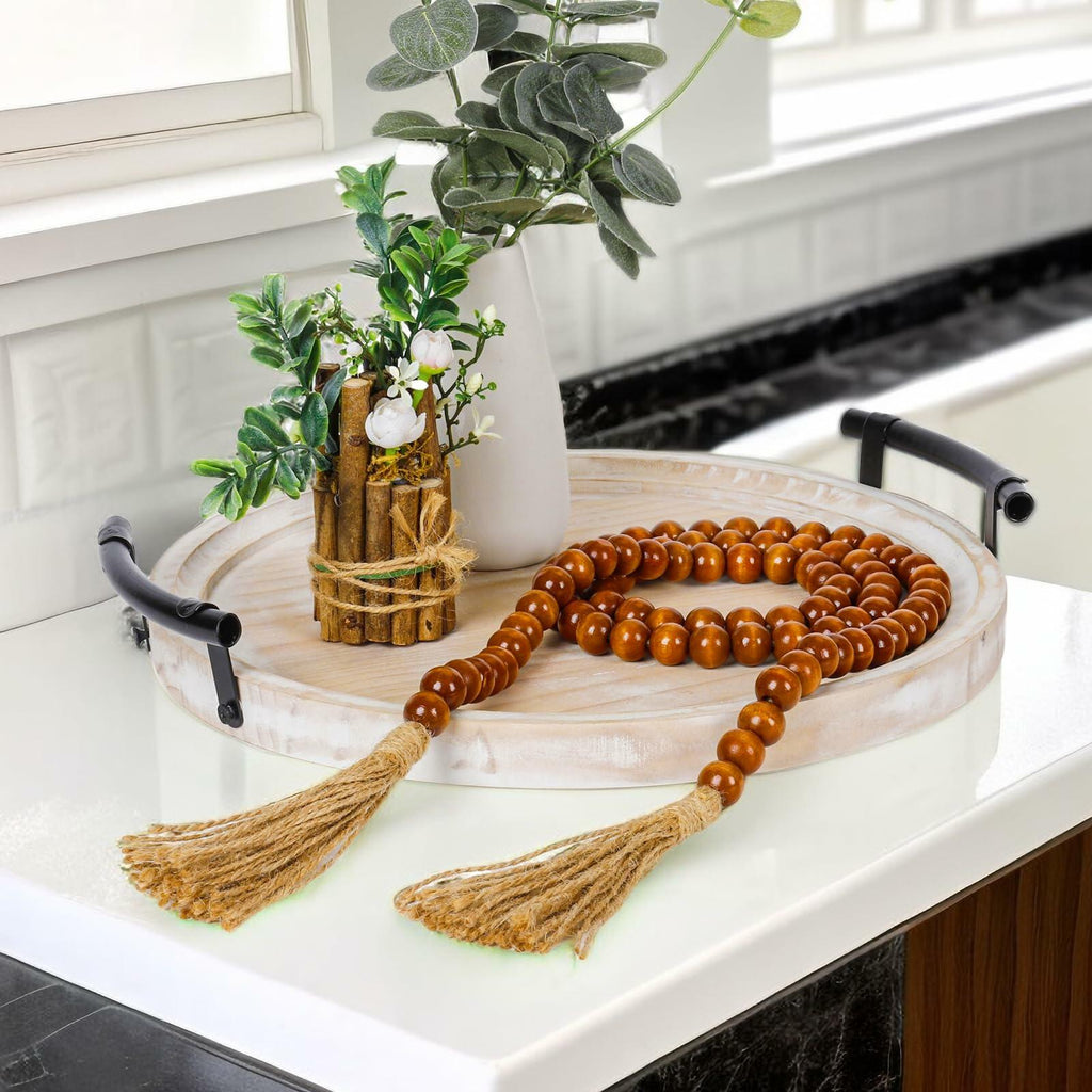 Round Wood Tray with Wood Bead Garland 13" Decorative Tray with Handles