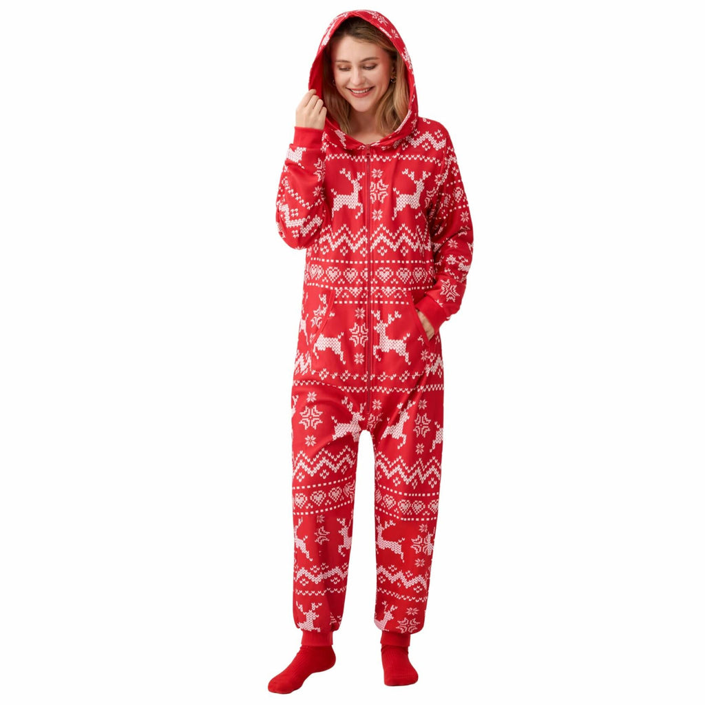 Giggling Getup Women Christmas Pajamas Hooded Nordic Print Red Size L
