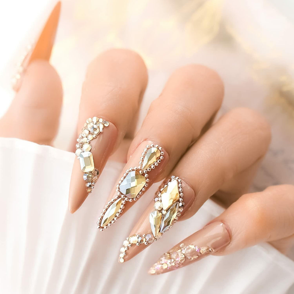 Nail Rhinestones Champagne Gold 1130pcs Flat Back 12 Grids DIY Craft