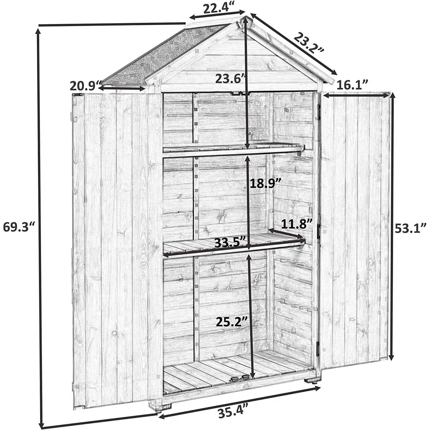 Outdoor Wood Tilt Storage Shed Tool Organizer with Waterproof Asphalt Roof