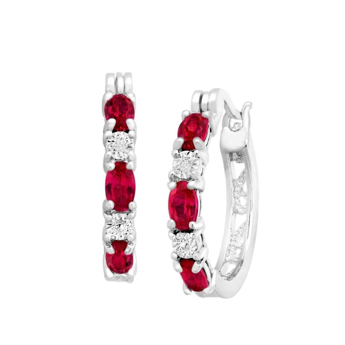 Oval Ruby And CZ Hoop Earrings