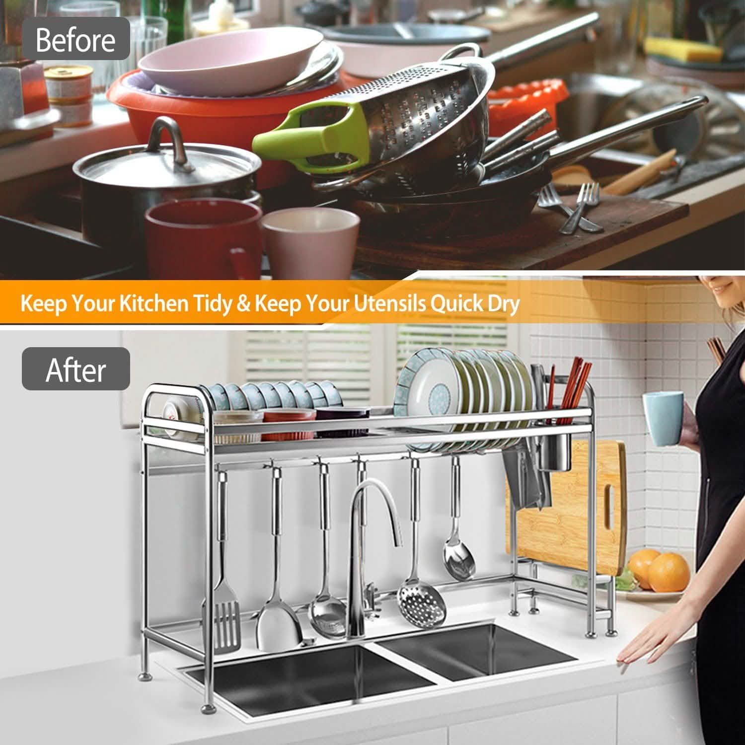 Over Sink Dish Drying Rack with Cutlery Holder