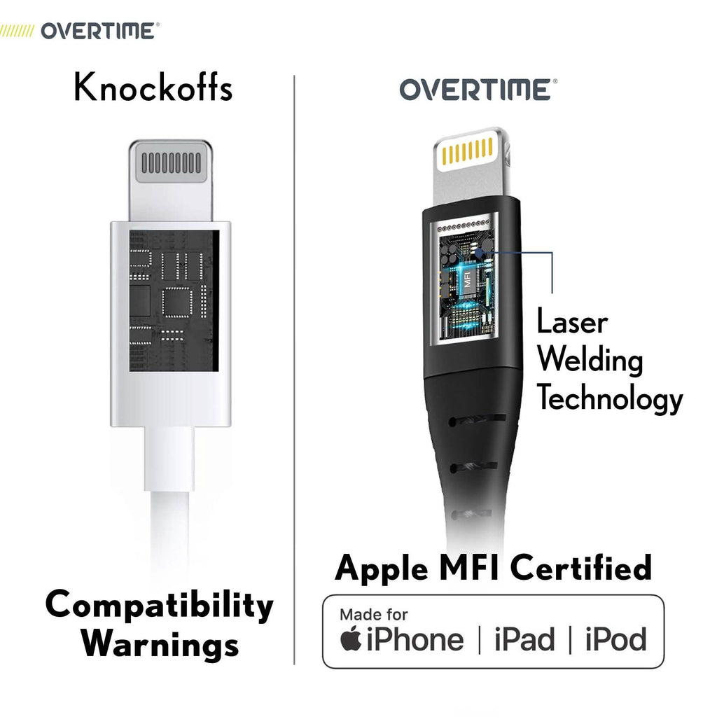 Overtime Apple Mfi Certified iPhone Charger 10ft Extra Long Nylon Braided Lightning Cable - Black
