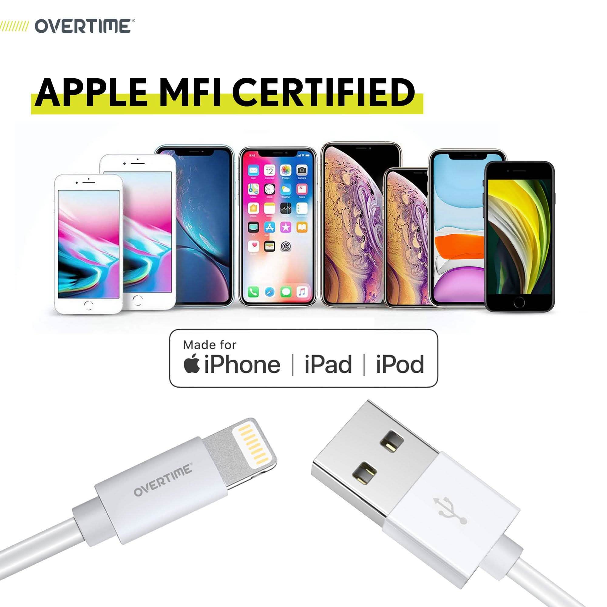 Overtime Apple MFi Certified Lightning Cable 10ft with Dual USB Wall Charger Adapter