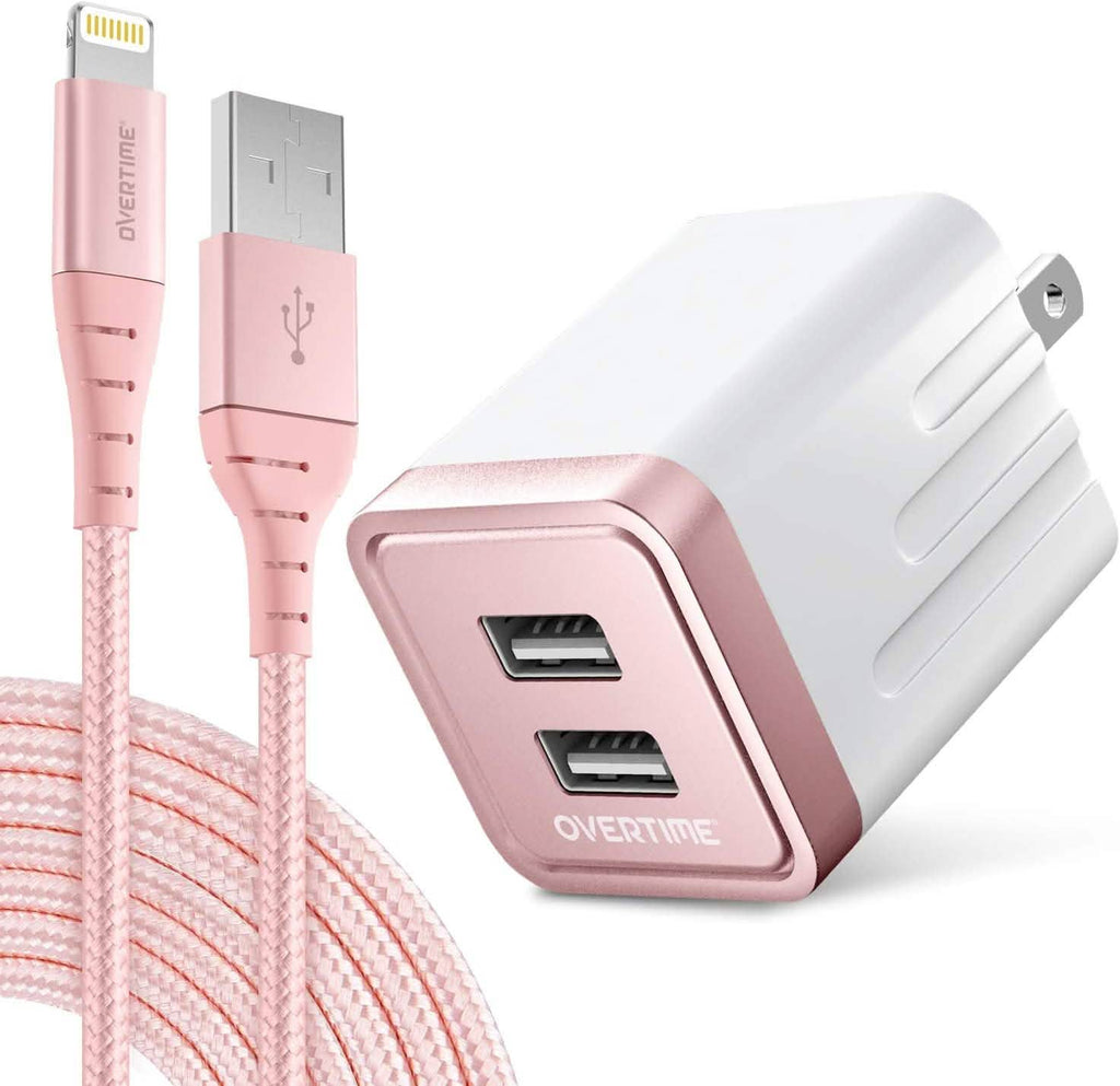 Overtime Apple MFi Certified Lightning Cable 6ft with Dual USB Wall Charger Adapter