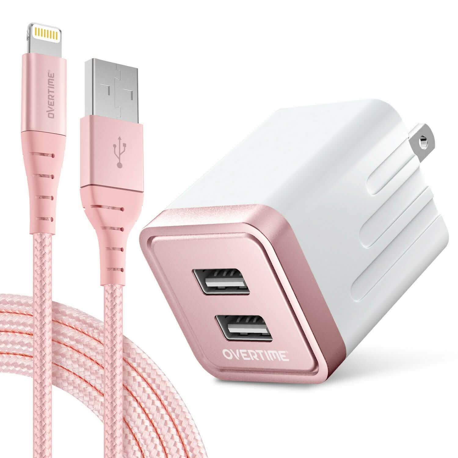 Overtime iPhone Charger Set, Apple MFi Certified Lightning Cable 10ft with Dual USB Wall Charger Adapter - Rose Gold