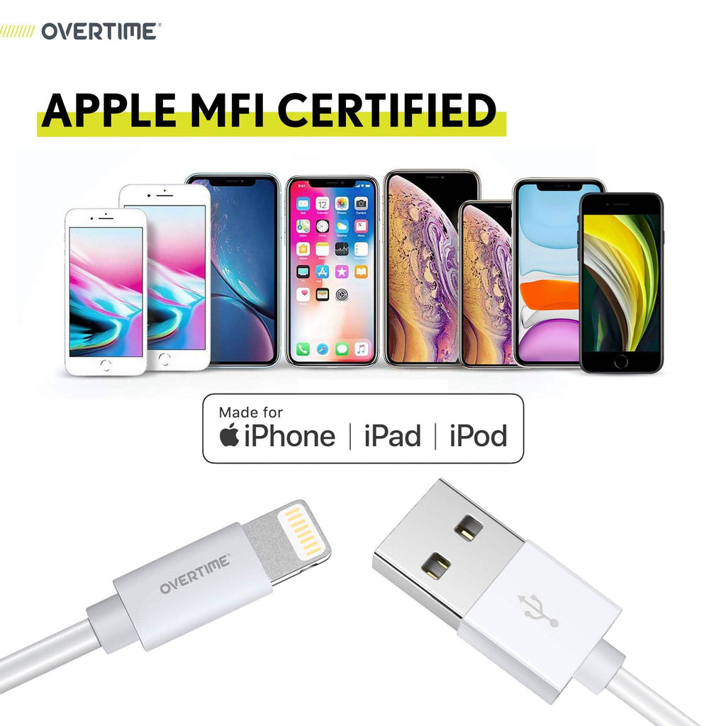 Overtime iPhone Charger Set | Apple MFi Certified Lightning Cable 6ft with Dual USB Wall Charger Adapter - White