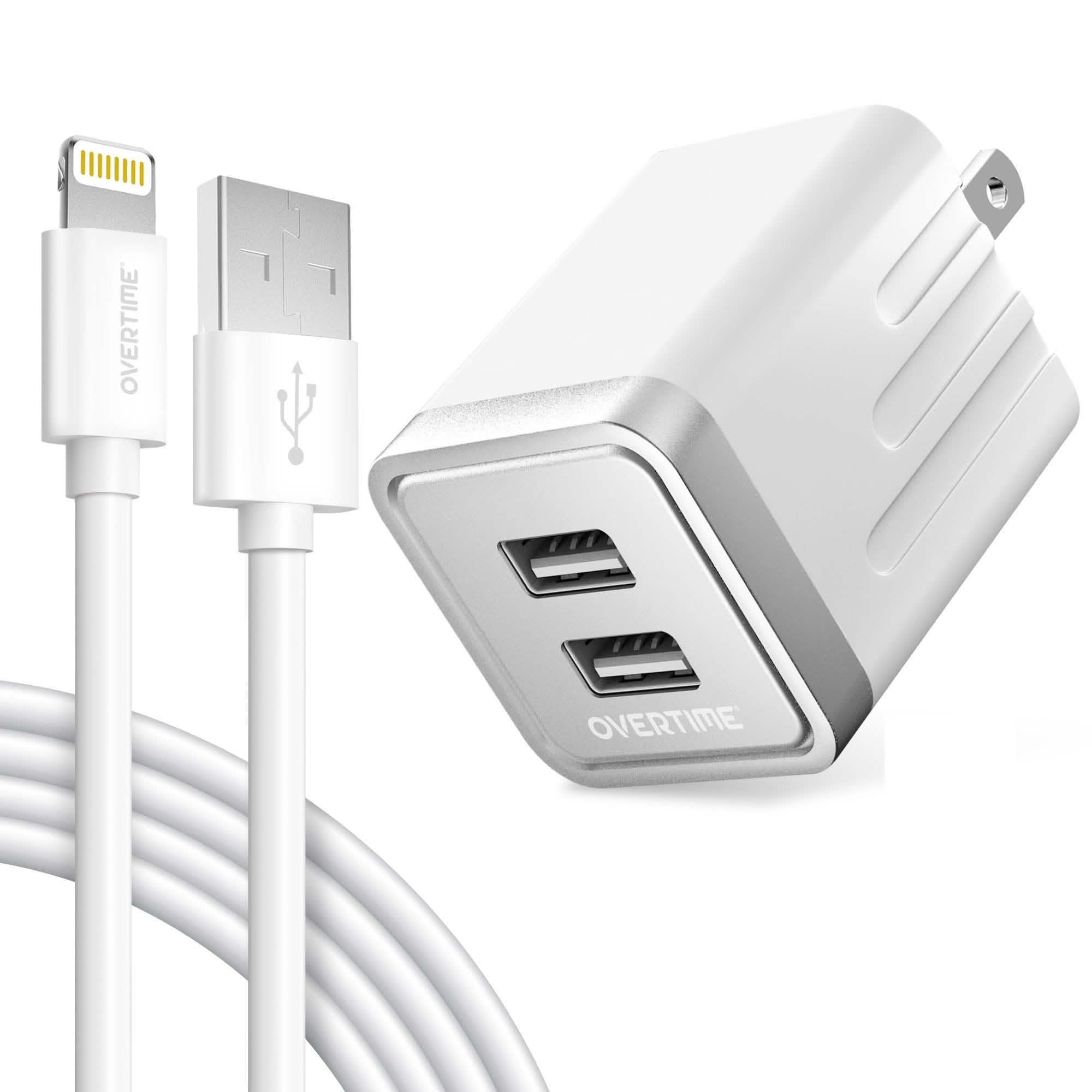Overtime iPhone Charger Set | Apple MFi Certified Lightning Cable 6ft with Dual USB Wall Charger Adapter - White