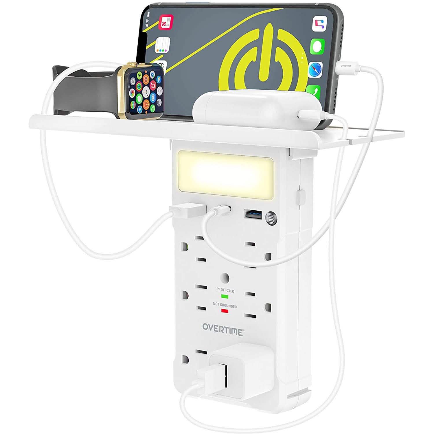 Overtime USB Outlet Shelf Night Light - Multi Plug Outlet Extender with Surge Protector