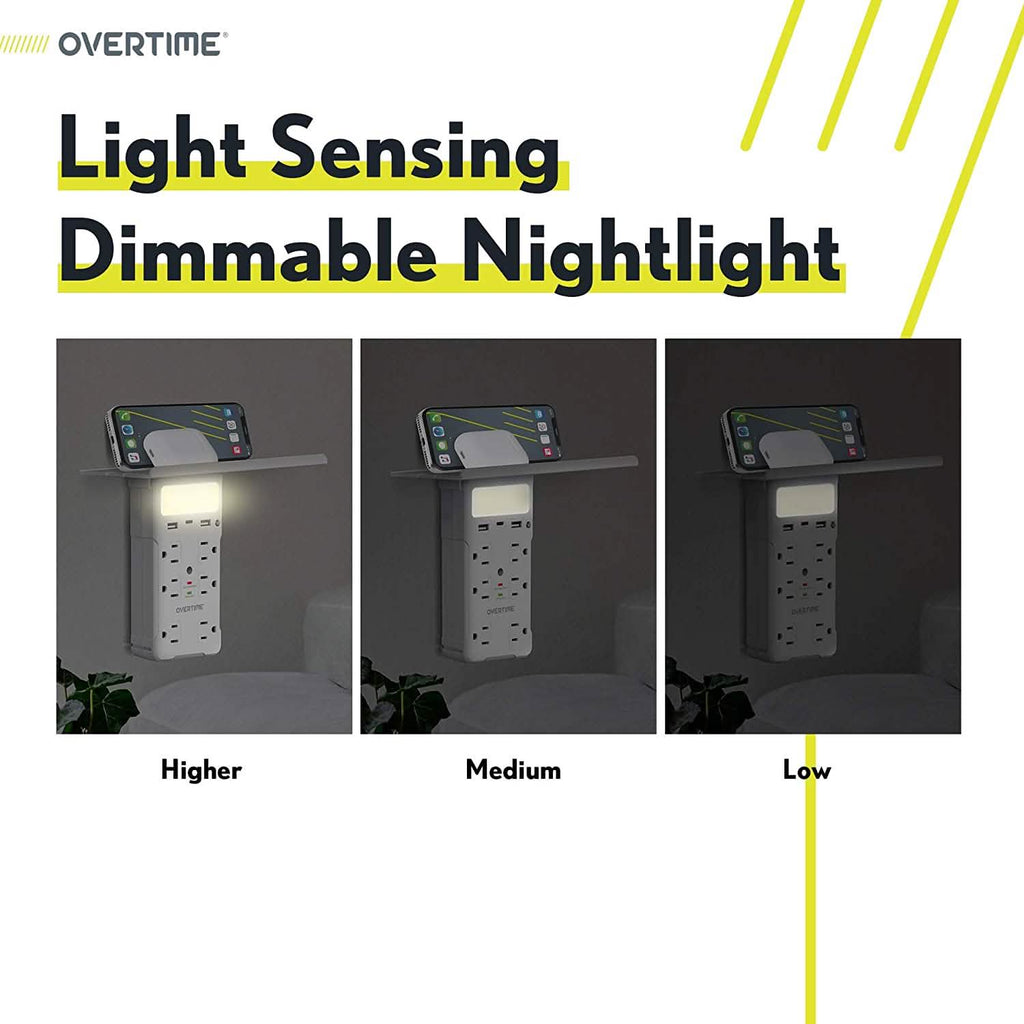 Overtime USB Outlet Shelf Night Light - Multi Plug Outlet Extender with Surge Protector