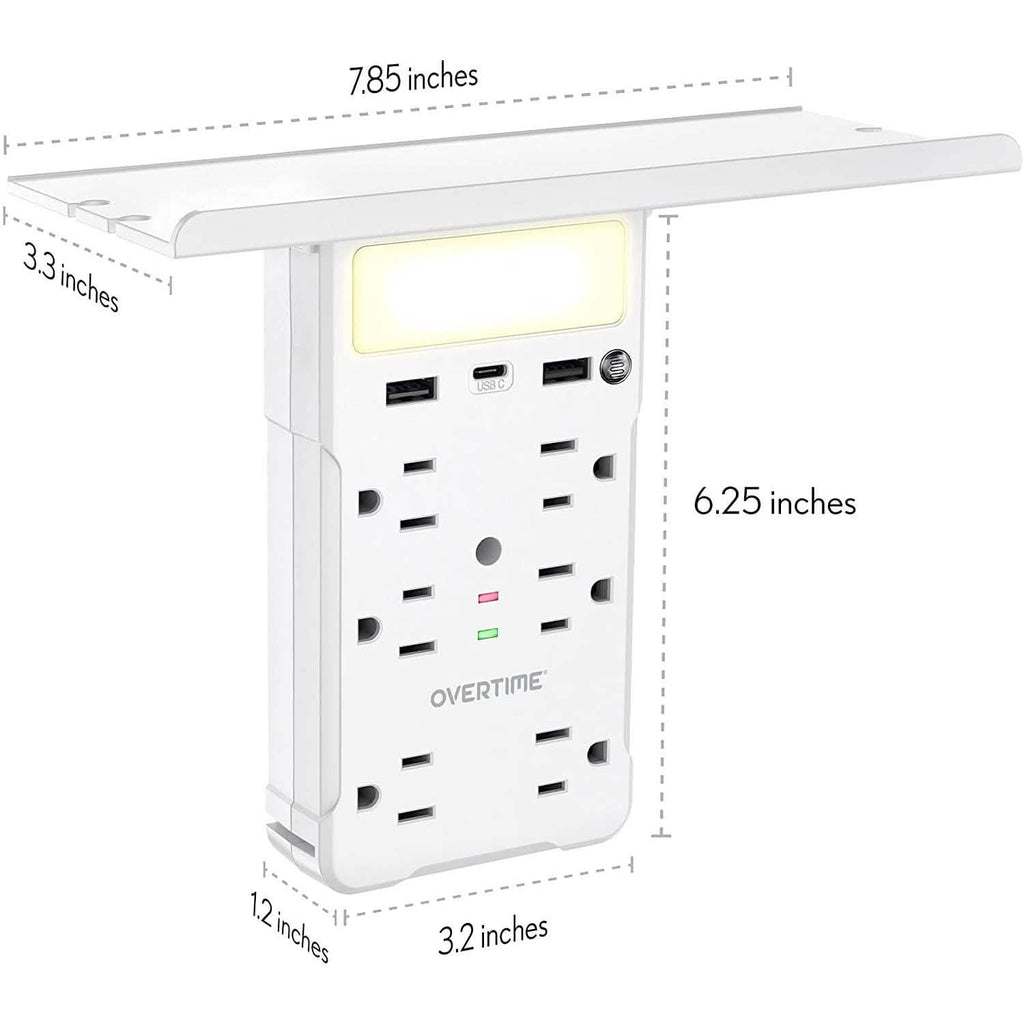 Overtime USB Outlet Shelf Night Light - Multi Plug Outlet Extender with Surge Protector