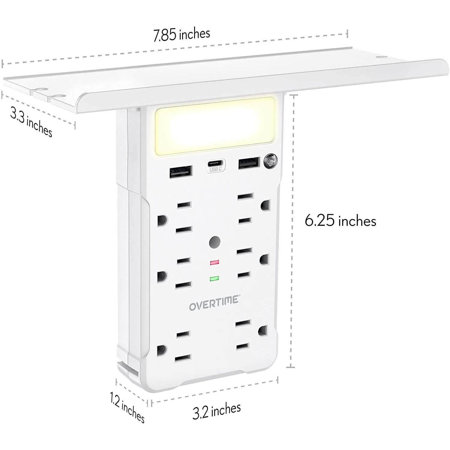 Overtime USB Outlet Shelf Night Light - Multi Plug Outlet Extender with Surge Protector