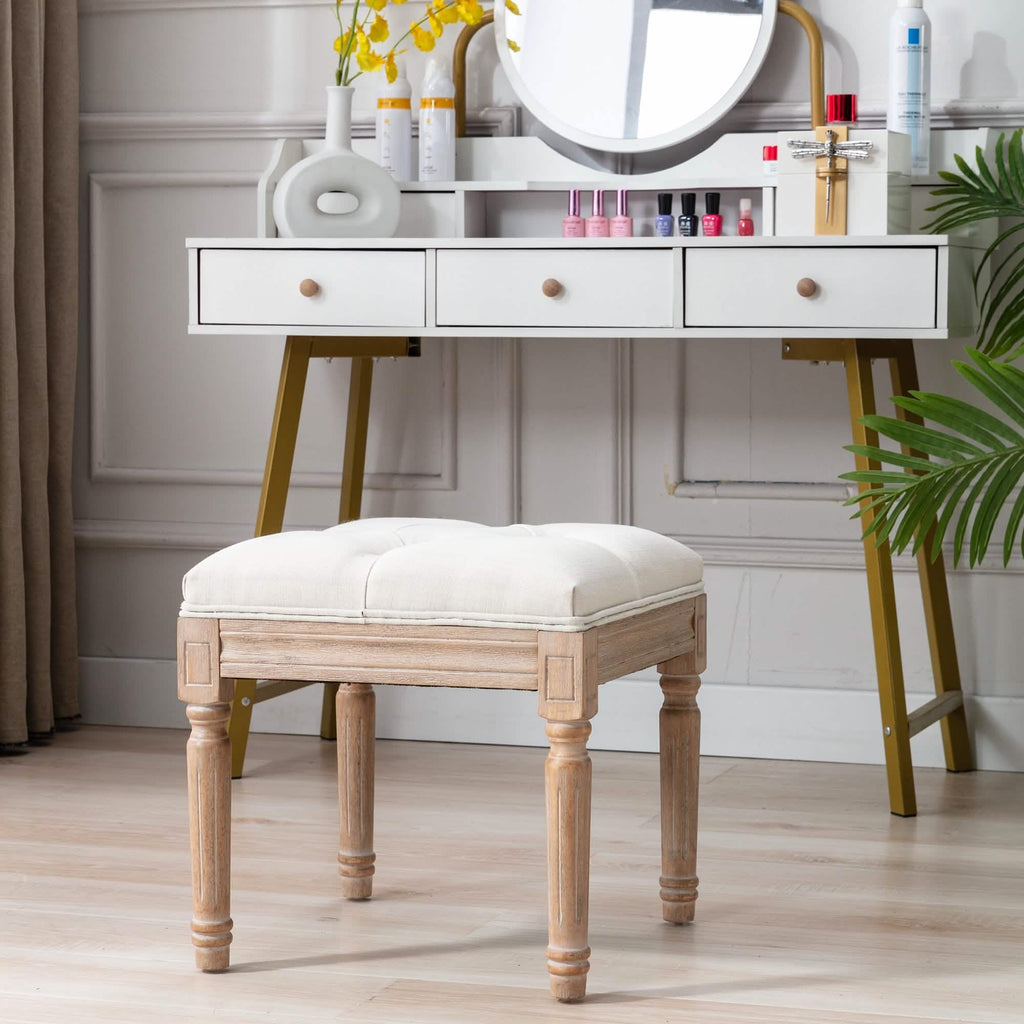 Padded Square Footstool with Rubberwood Legs