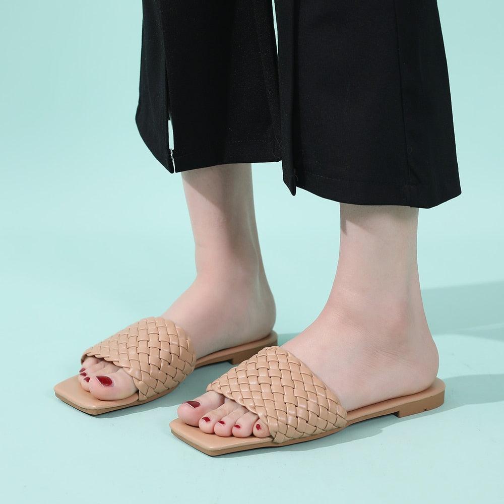 Party Luxury Ladies Slippers Charm Design Open-Toe Beach Flat Sandals Casual Flip Flops Women Shoes Flat Sandals Slip On Slide Sandals Leather Strap Flat Sandals
