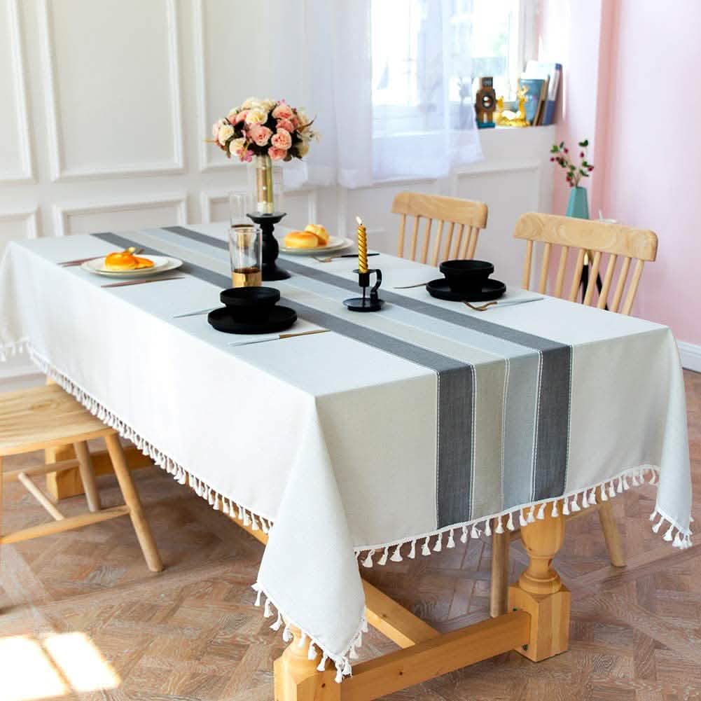 Patchwork Fringed Linen Tablecloth