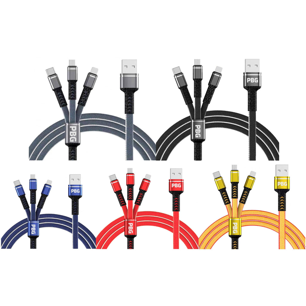 PBG 3-in-1 Cable Mesh/Nylon Braided HQ Multi Device Charging (Lightning, USB-C , Micro)