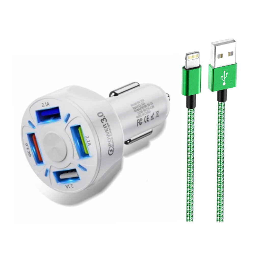 PBG 4 Port LED Car Charger and 6Ft. Lightning Cable Combo