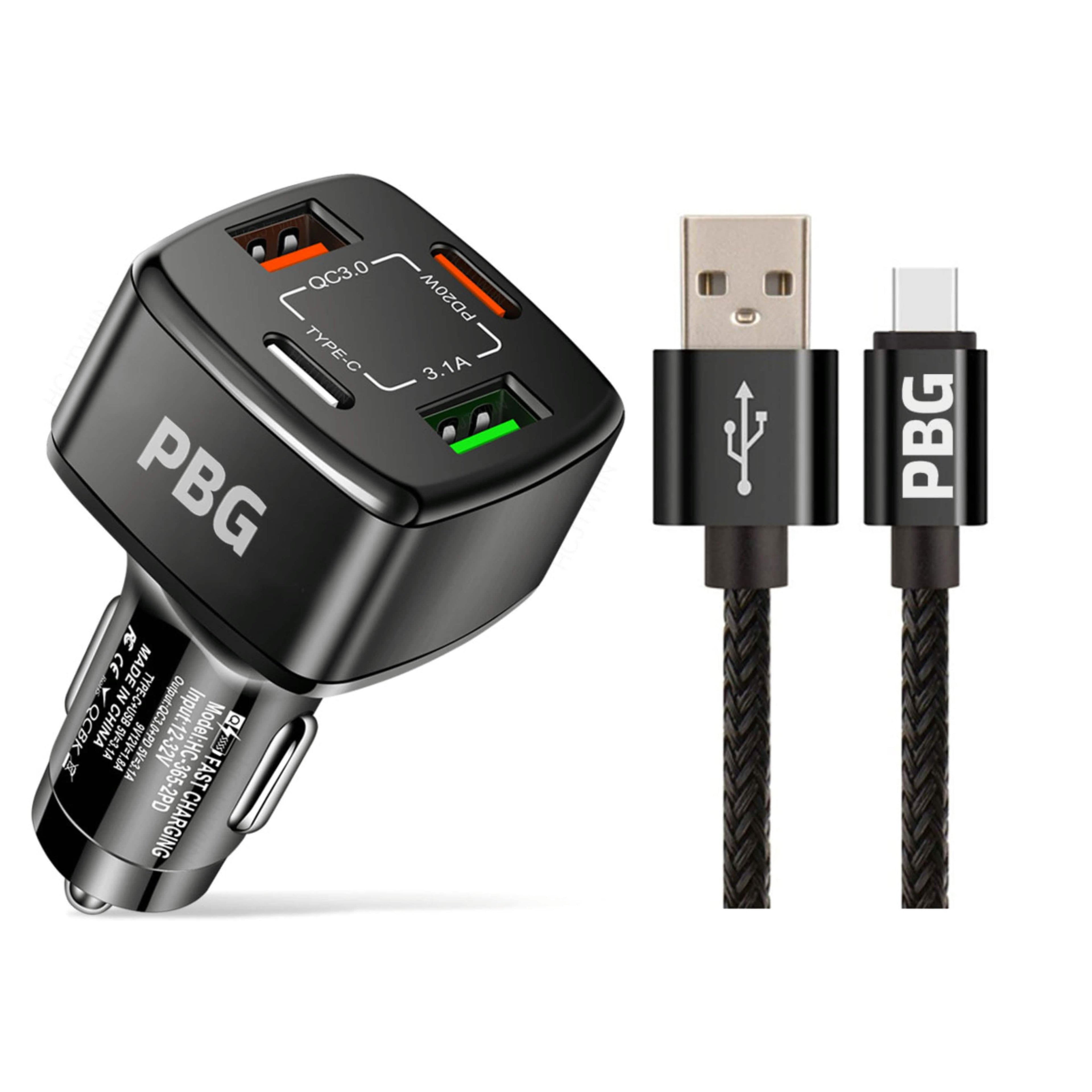 PBG 4-Port PD/USB Car Charger and 10FT Zebra Style Lightning Cable Bundle