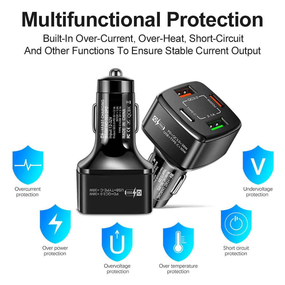 PBG 4 Port PD/USB Car Charger and 10Ft. Zebra Style Lightning Cable Bundle