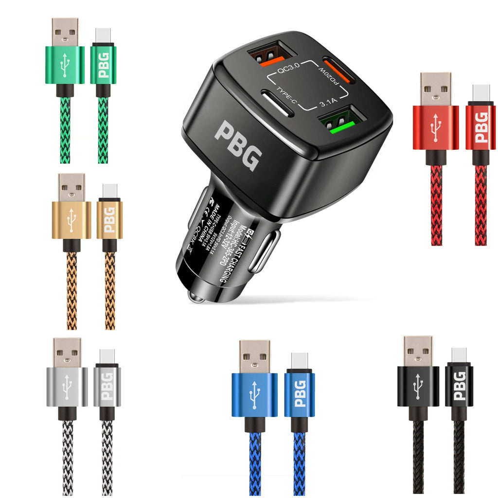 PBG 4-Port PD/USB Car Charger and 10FT Zebra Style Lightning Cable Bundle