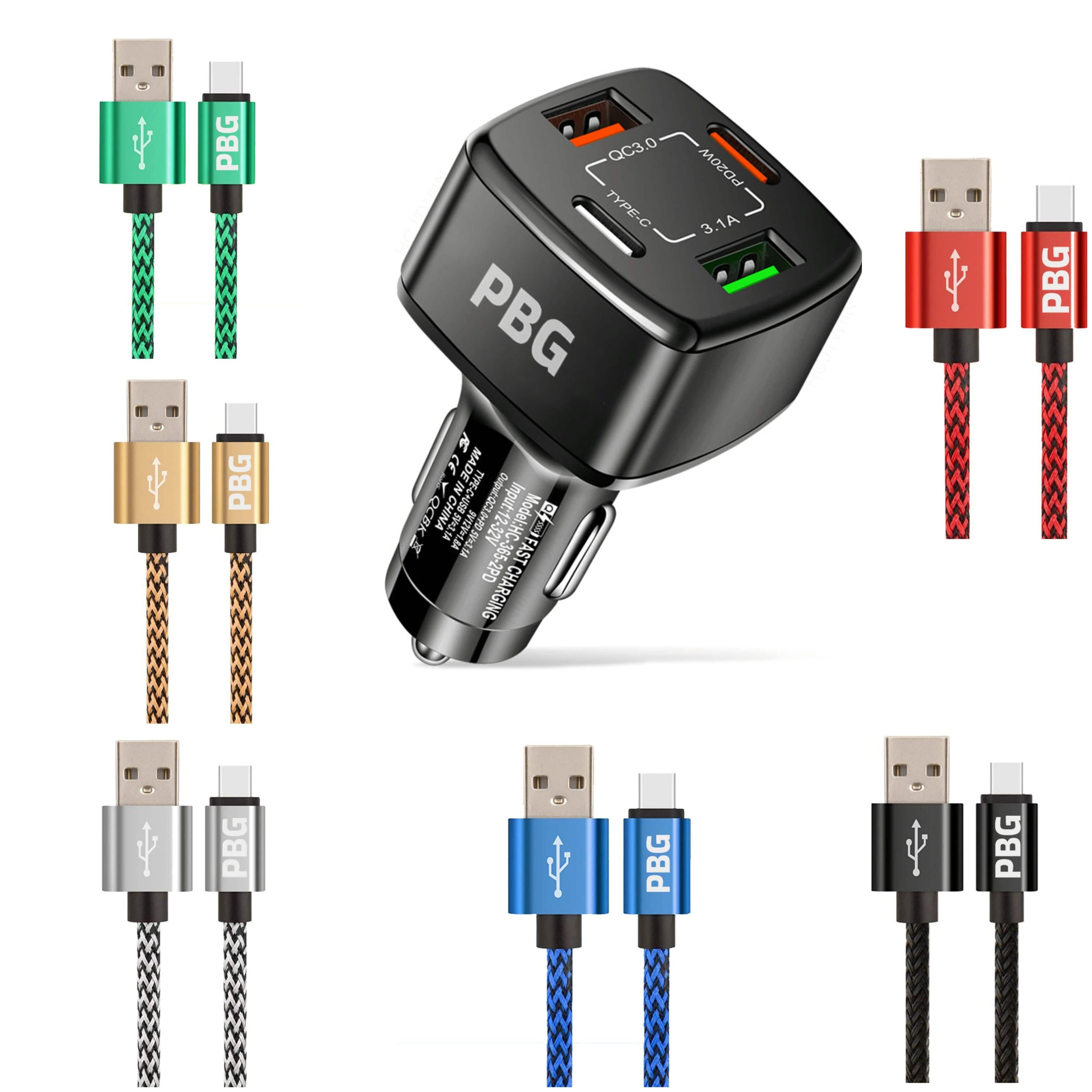 PBG 4-Port PD/USB Car Charger and 10FT Zebra Style Lightning Cable Bundle