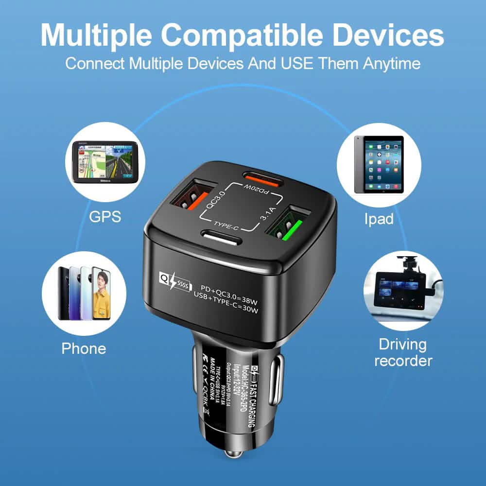 PBG 4 Port PD/USB Car Charger and 10Ft. Zebra Style Lightning Cable Bundle
