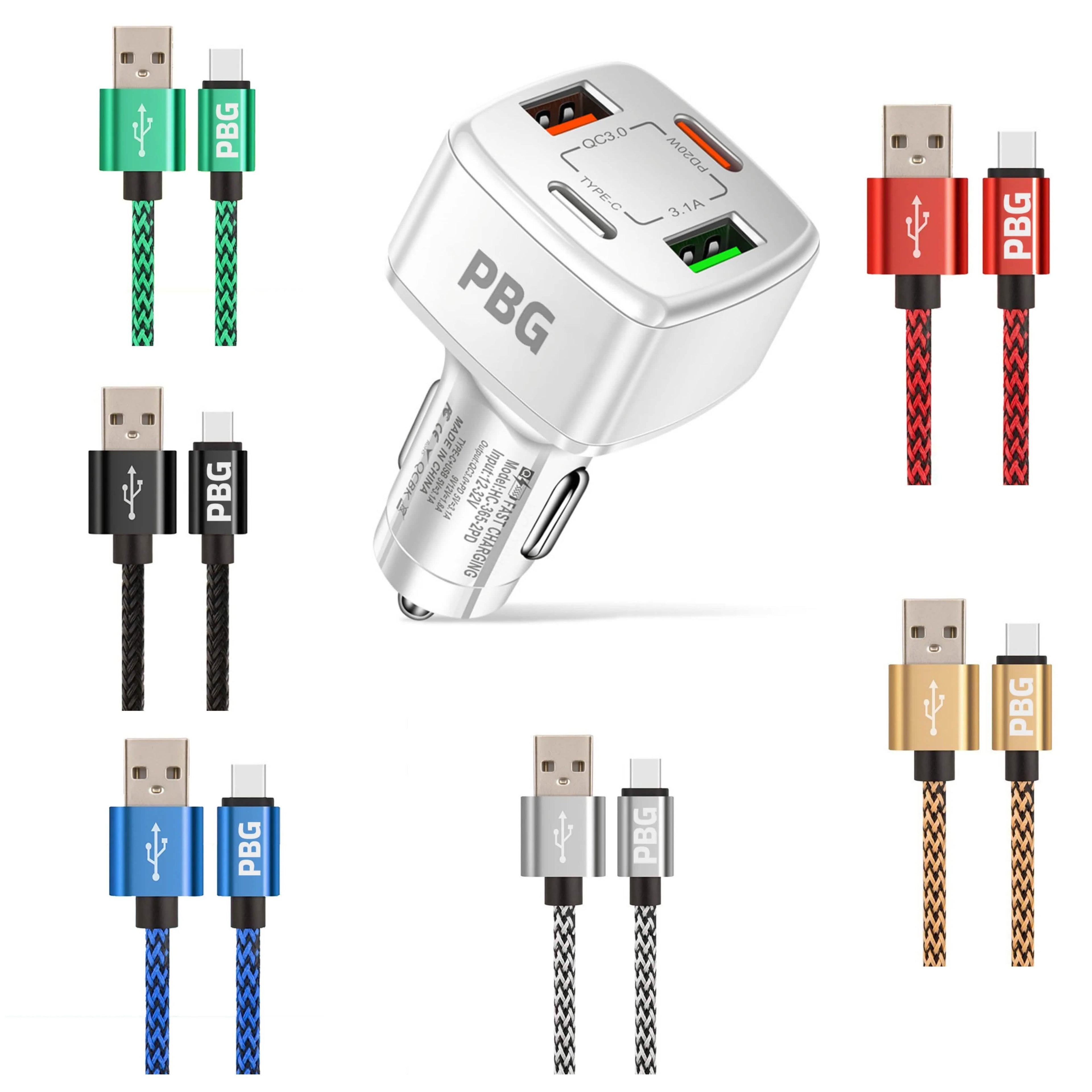 PBG 4 Port PD/USB Car Charger and 10Ft. Zebra Style Lightning Cable Bundle
