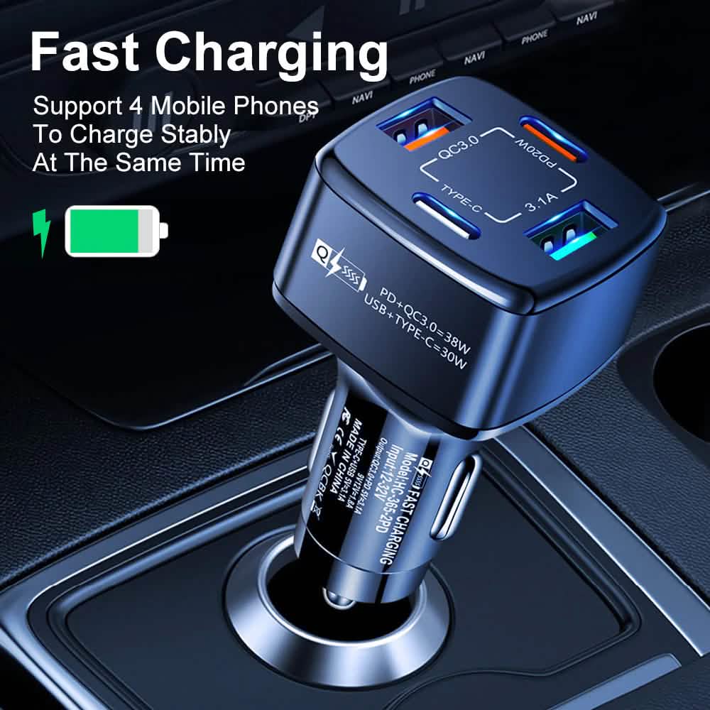 PBG 4 Port PD/USB Car Charger and 10Ft. Zebra Style Lightning Cable Bundle