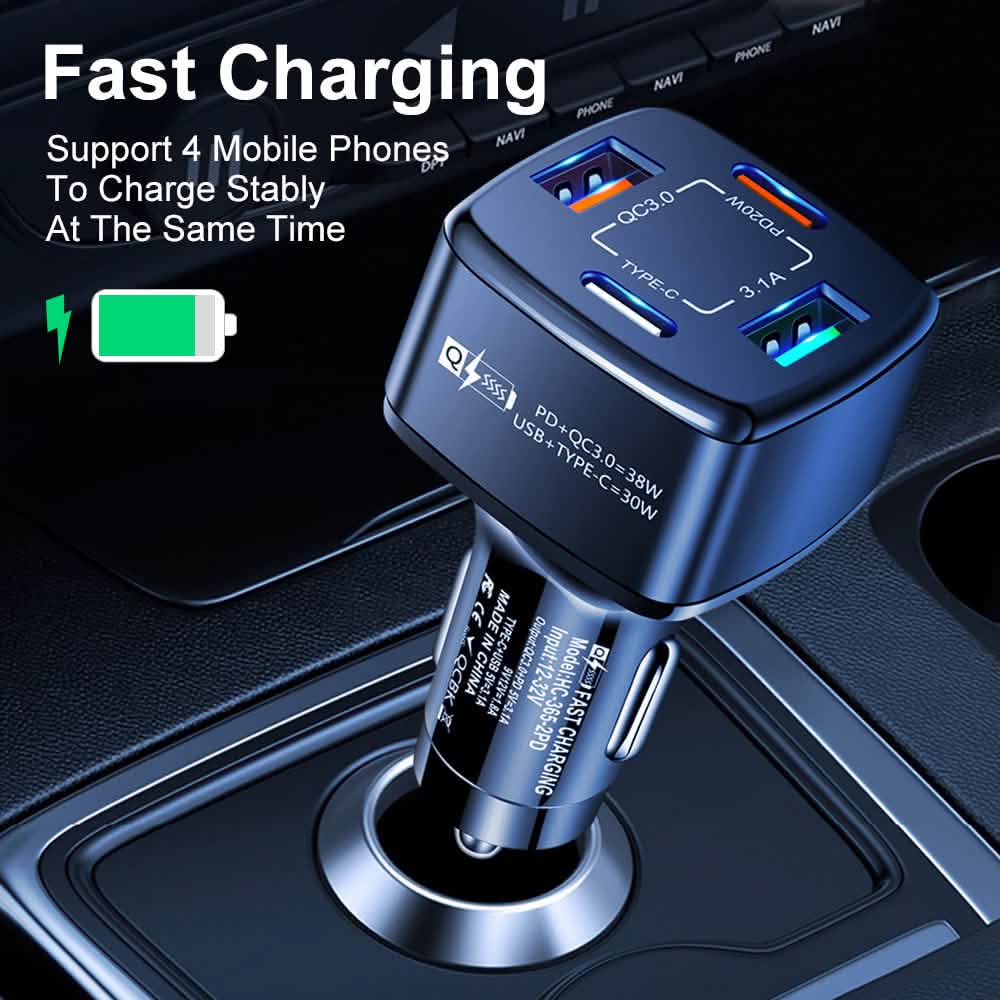 PBG 4-Port PD/USB Car Charger and 10FT Zebra Style Lightning Cable Bundle