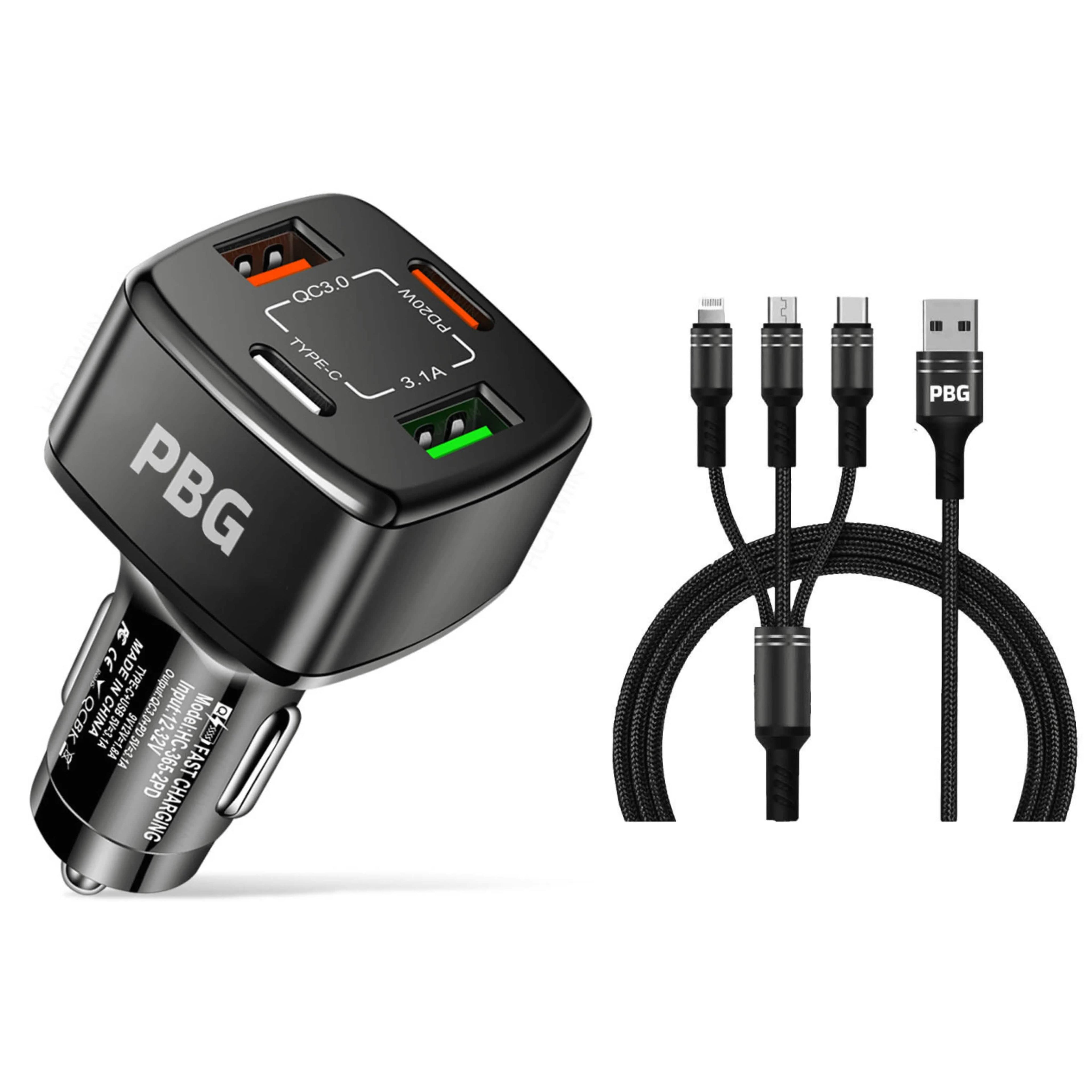 PBG Black 4 Port Car Charger and 4FT - 3 in 1 Nylon Cable Combo